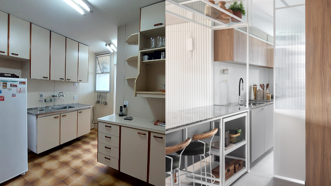 Antes e depois de reforma em cozinha