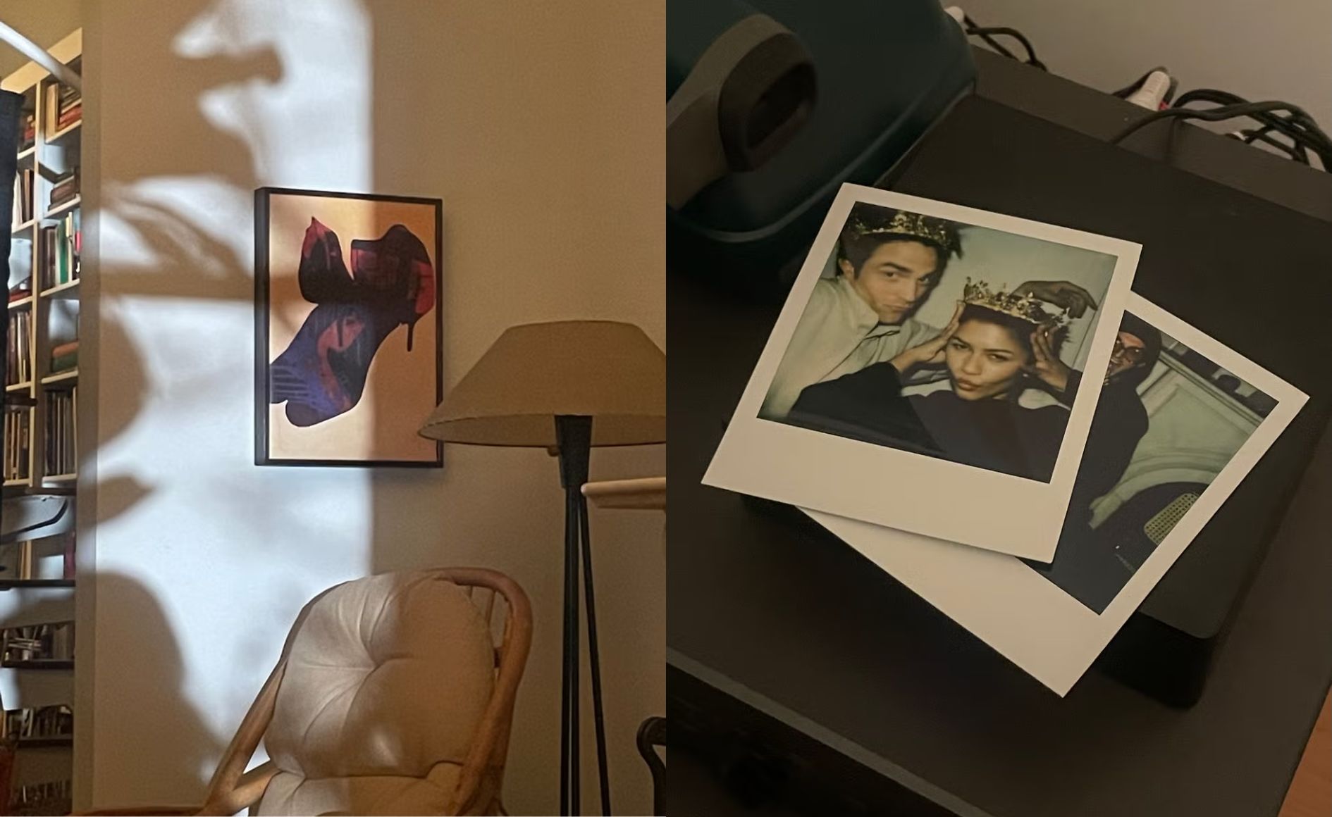 Foto de um quadro e uma foto de Zendaya e Robert Robert Pattinson no apartamento de 