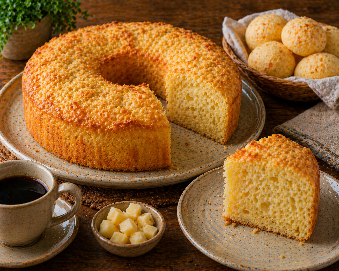 Bolo tipo pão de queijo dourado e macio, servido com café, pedaços de queijo e pães de queijo ao fundo.