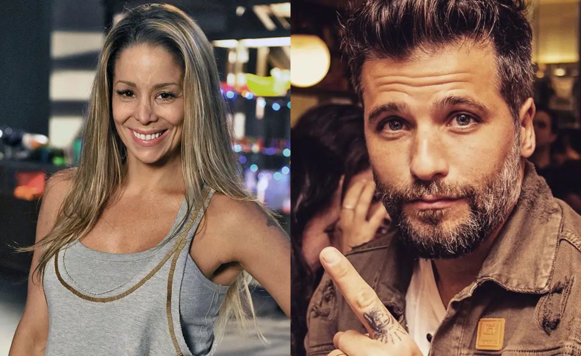 Colagem com duas fotos. A primeira mostra Danielle Winits e a segunda mostra Bruno Gagliasso