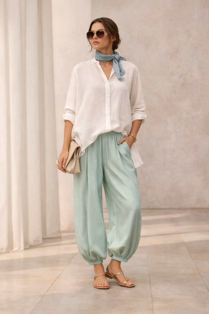 Mulher usando look com camsisa branca e cal&ccedil;a aladim verde menta