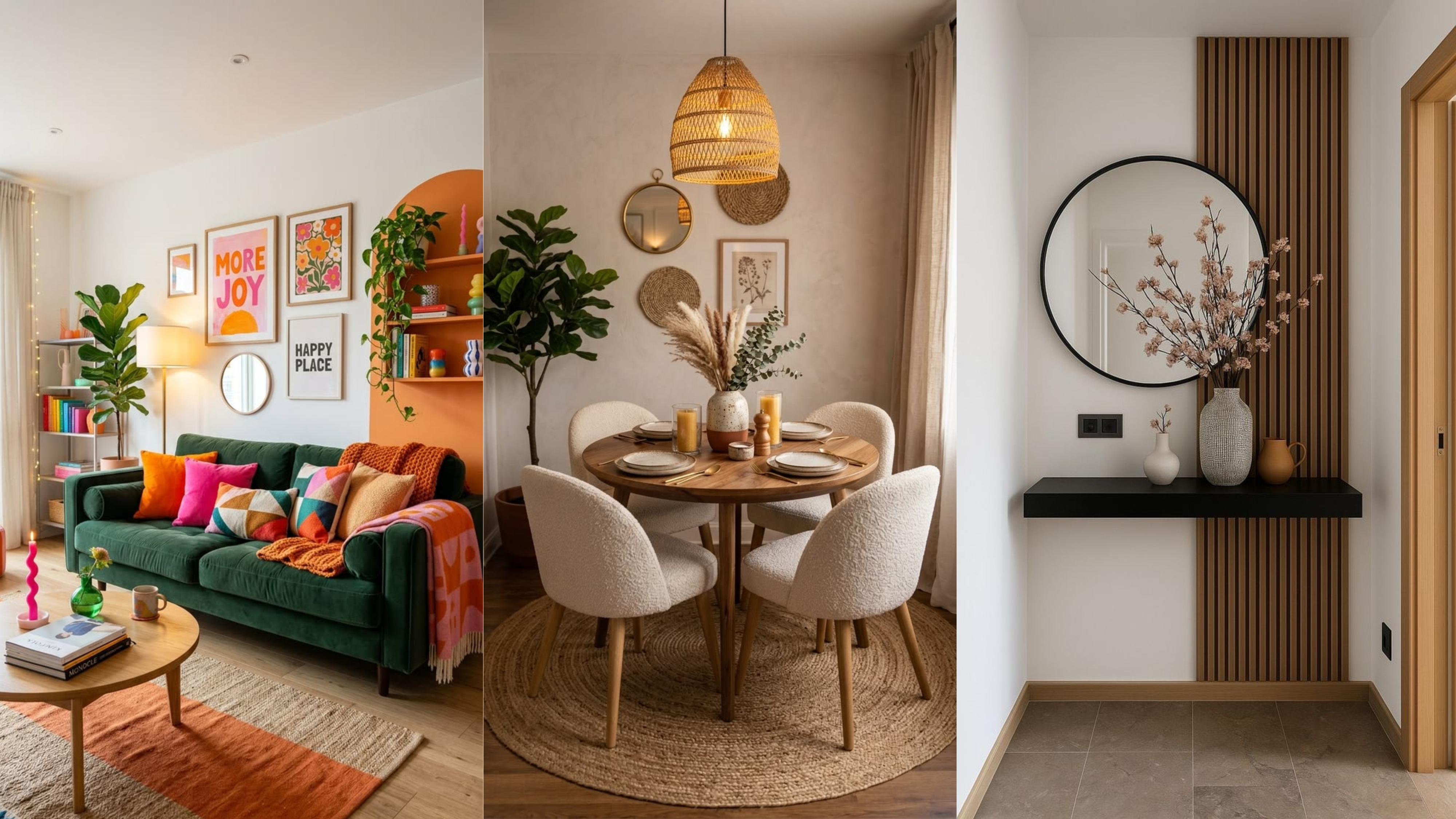 Sala colorida com sofá verde e quadros vibrantes, integrada a uma mesa de jantar com luminária pendente e hall com espelho decorativo, mostrando como combinar diferentes ambientes com uma decoração elegante, moderna e acessível