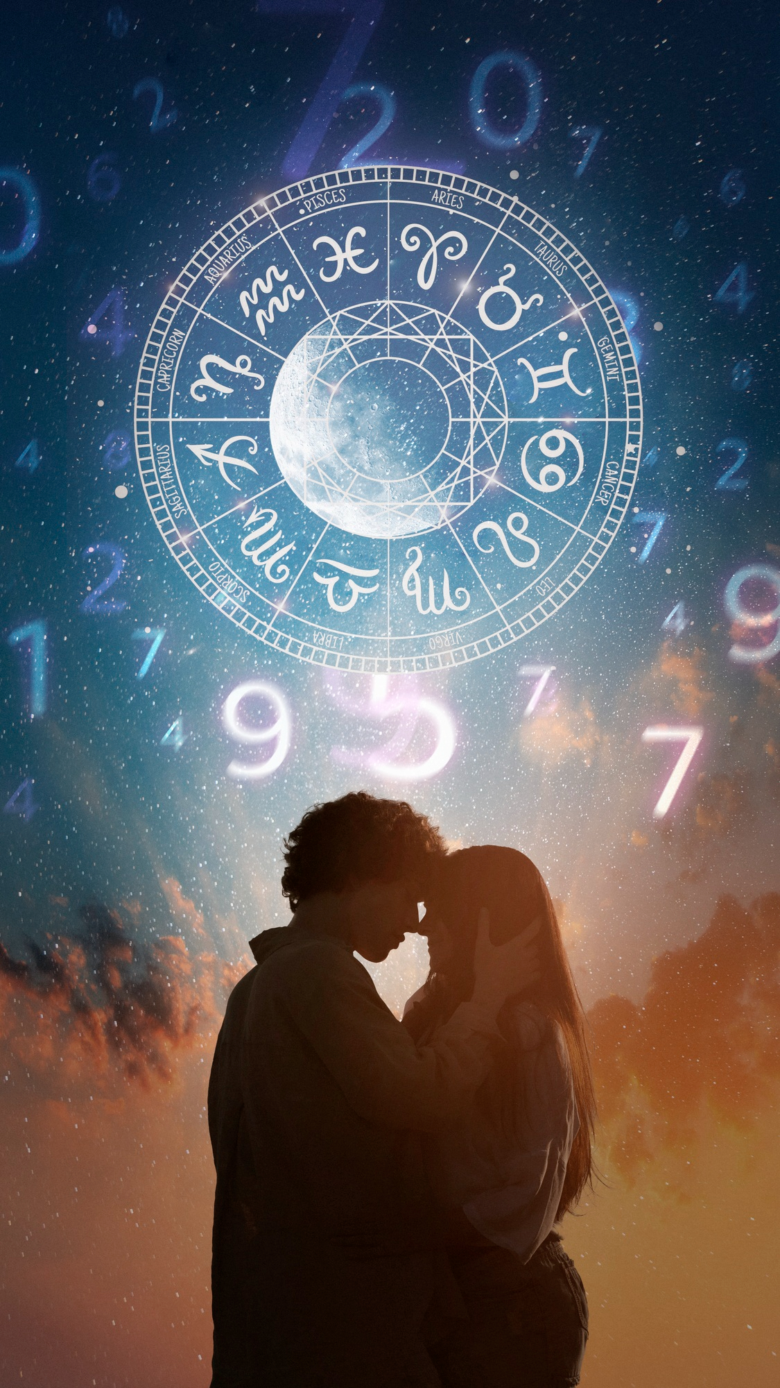 Silhueta de um casal se beijando ao p&ocirc;r do sol, com elementos astrol&oacute;gicos como signos do zod&iacute;aco e n&uacute;meros sobrepostos no c&eacute;u