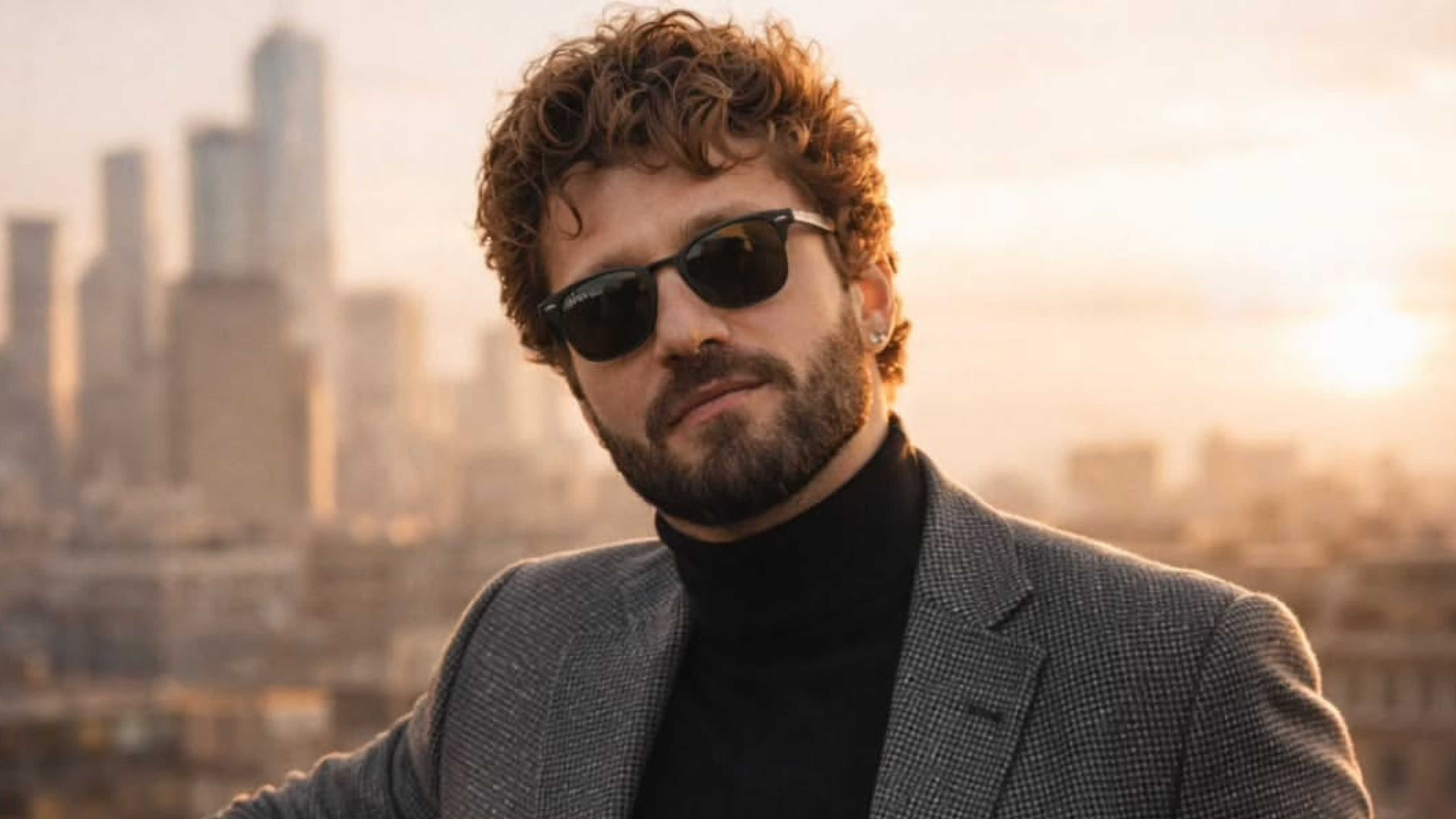 Imagem do ator Diogo Venturieri visto de frente, com terno e óculos de sol