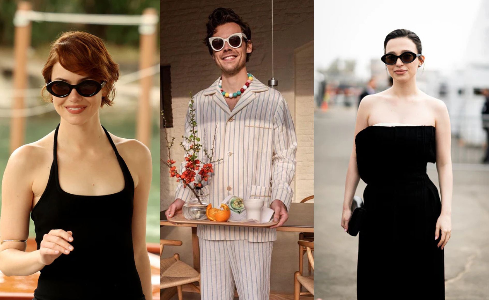 Colagem com fotos de Emma Stone, Harry Styles e Mikey Madison usando &oacute;culos de sol da Lapima