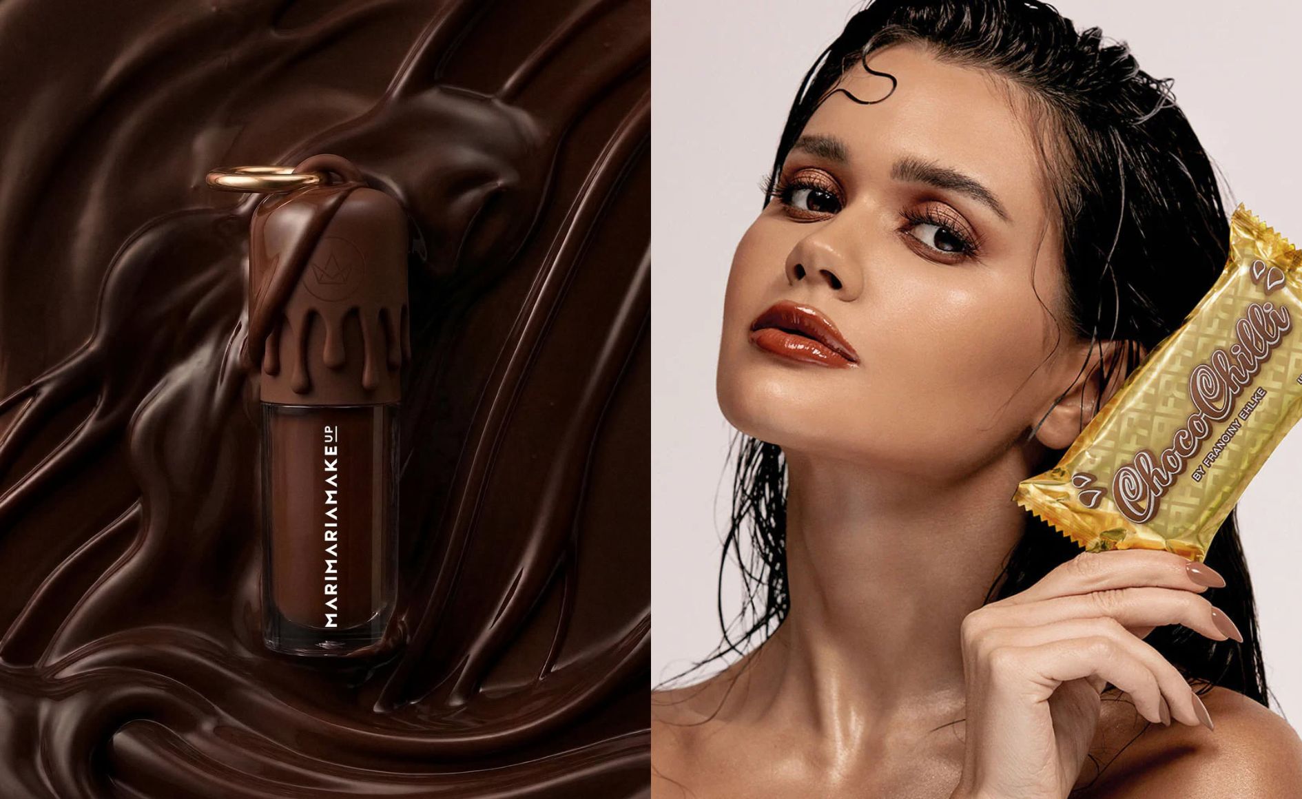 Colagem com duas fotos. A primeira mostra um gloss da Mari Maria e o segundo mostra um gloss da Fran by Franciny Elke