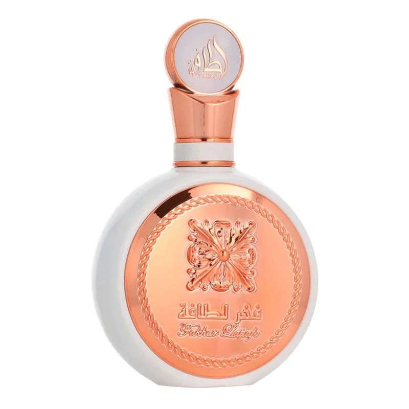 Foto do perfume Lattafa Fahkar Ladies. A embalagem &eacute; branca e p&ecirc;ssego