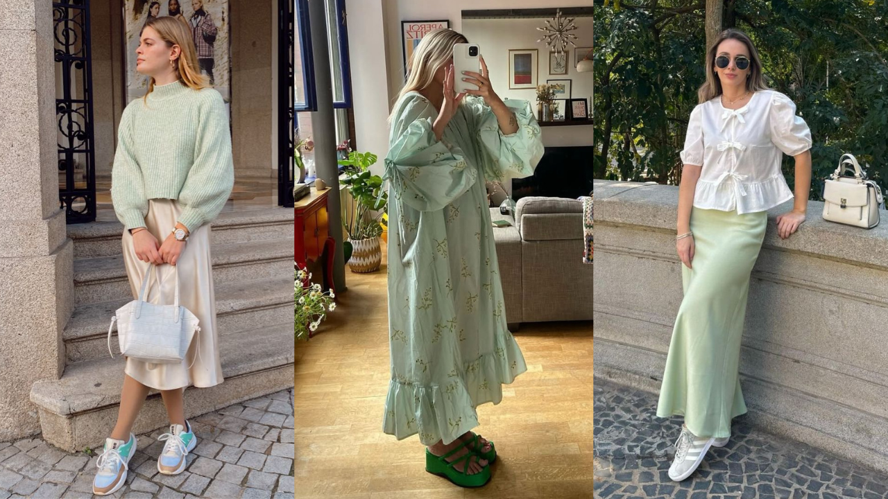 Três mulheres posando para foto usando looks verde menta