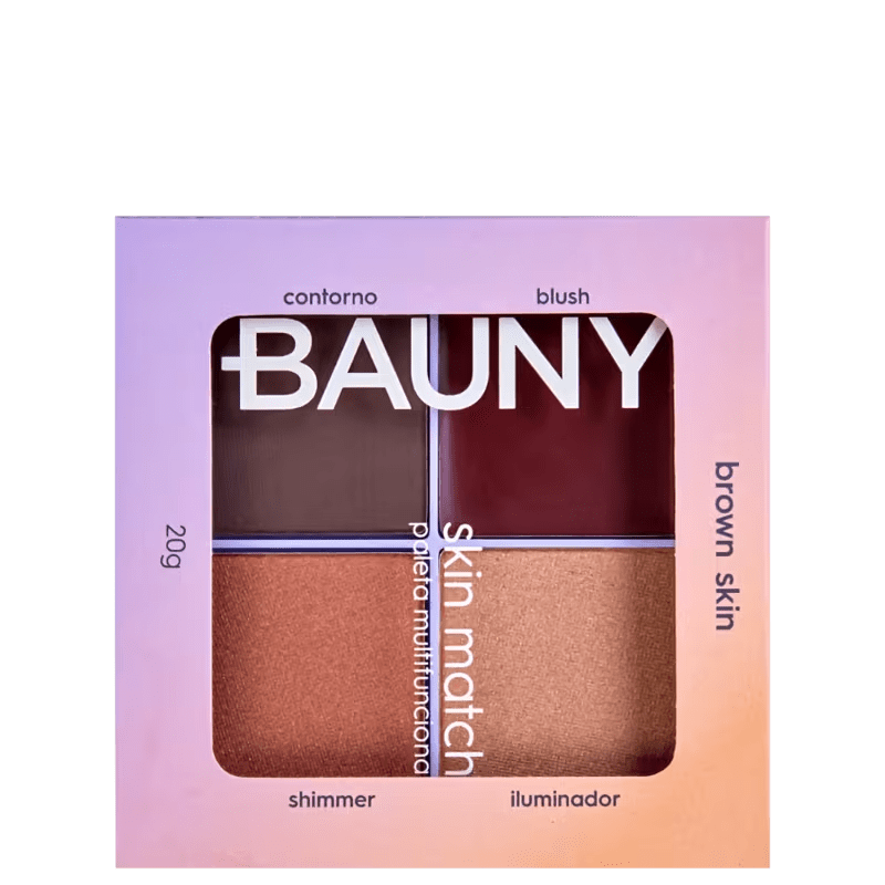 Paleta multifuncional Bauny Skin Match com blush cremoso, iluminador e contorno, indicada para uma rotina de maquiagem pr&aacute;tica e completa.
