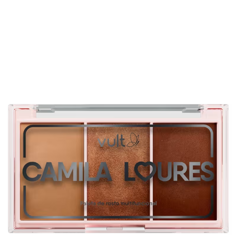 Paleta multifuncional Vult Camila Loures com tons de contorno, blush e iluminador, ideal para definir e real&ccedil;ar o rosto com praticidade
