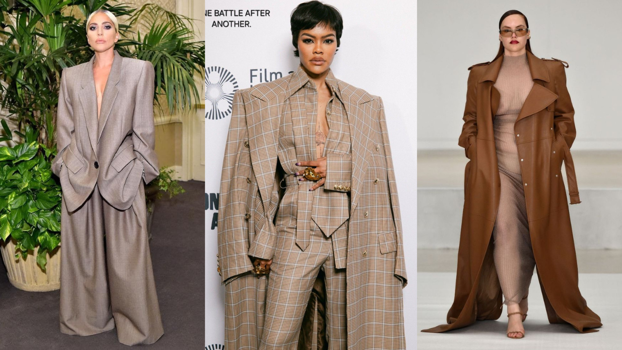 Três mulheres usando looks de alfataiaria estruturada