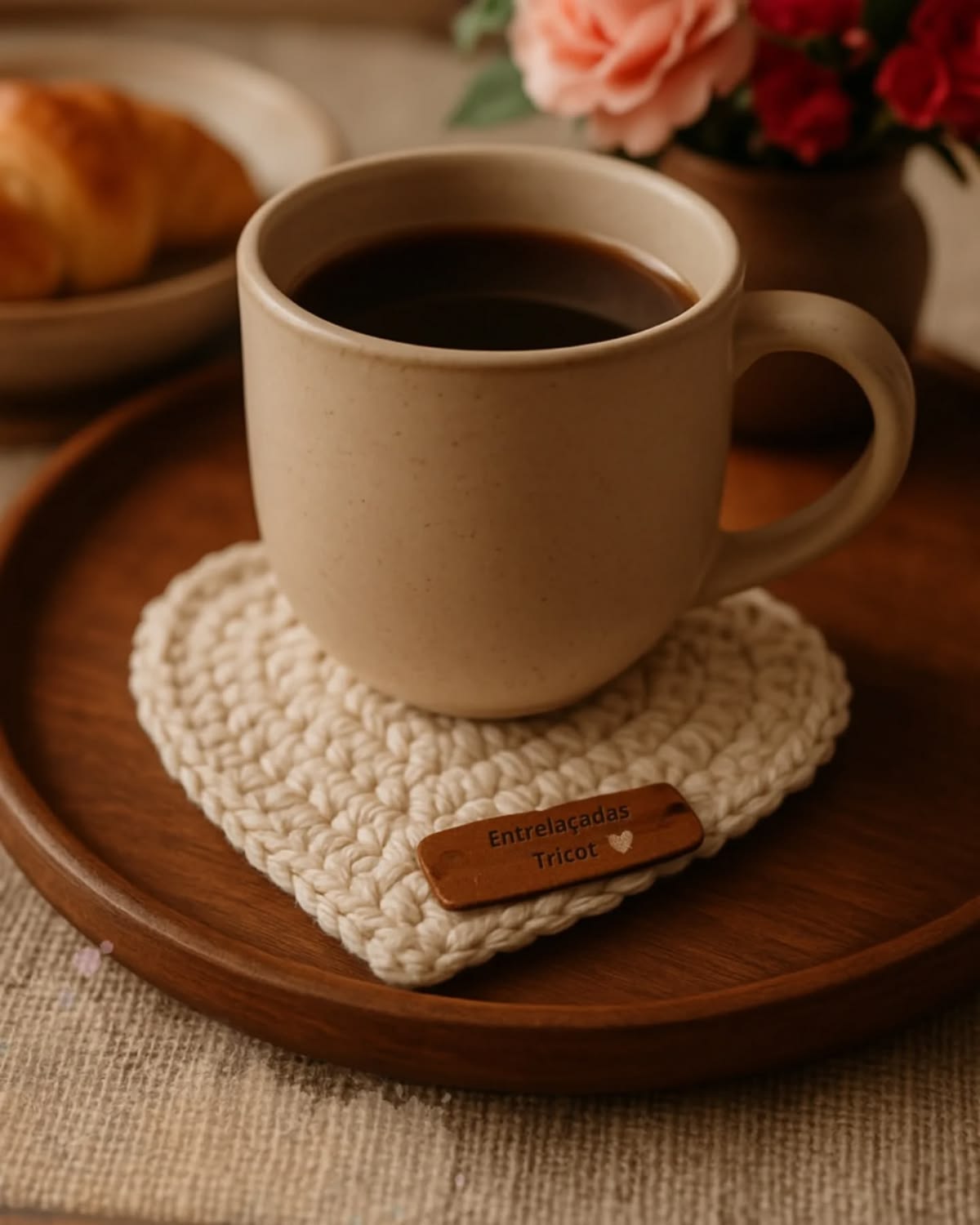 Porta copos de crochet com x&iacute;cara de caf&eacute; em cima