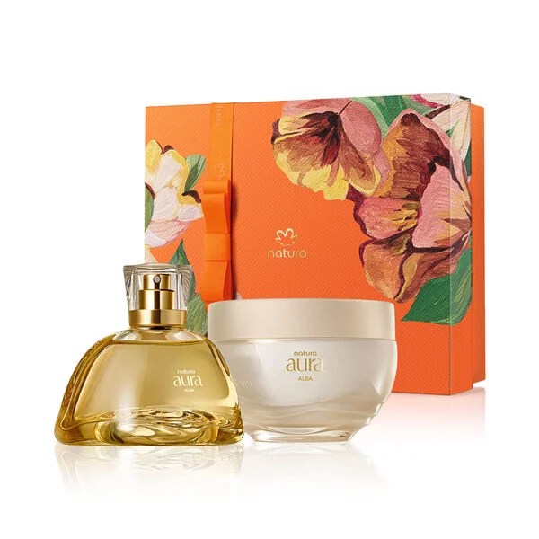 Kit presente Natura Aura Alba com perfume e creme corporal em embalagem floral elegante.