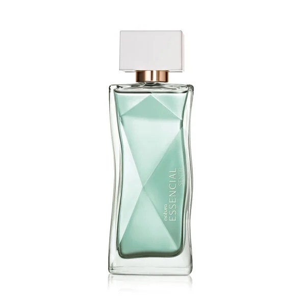 Perfume Natura Essencial Sentir em frasco verde com design sofisticado e minimalista.
