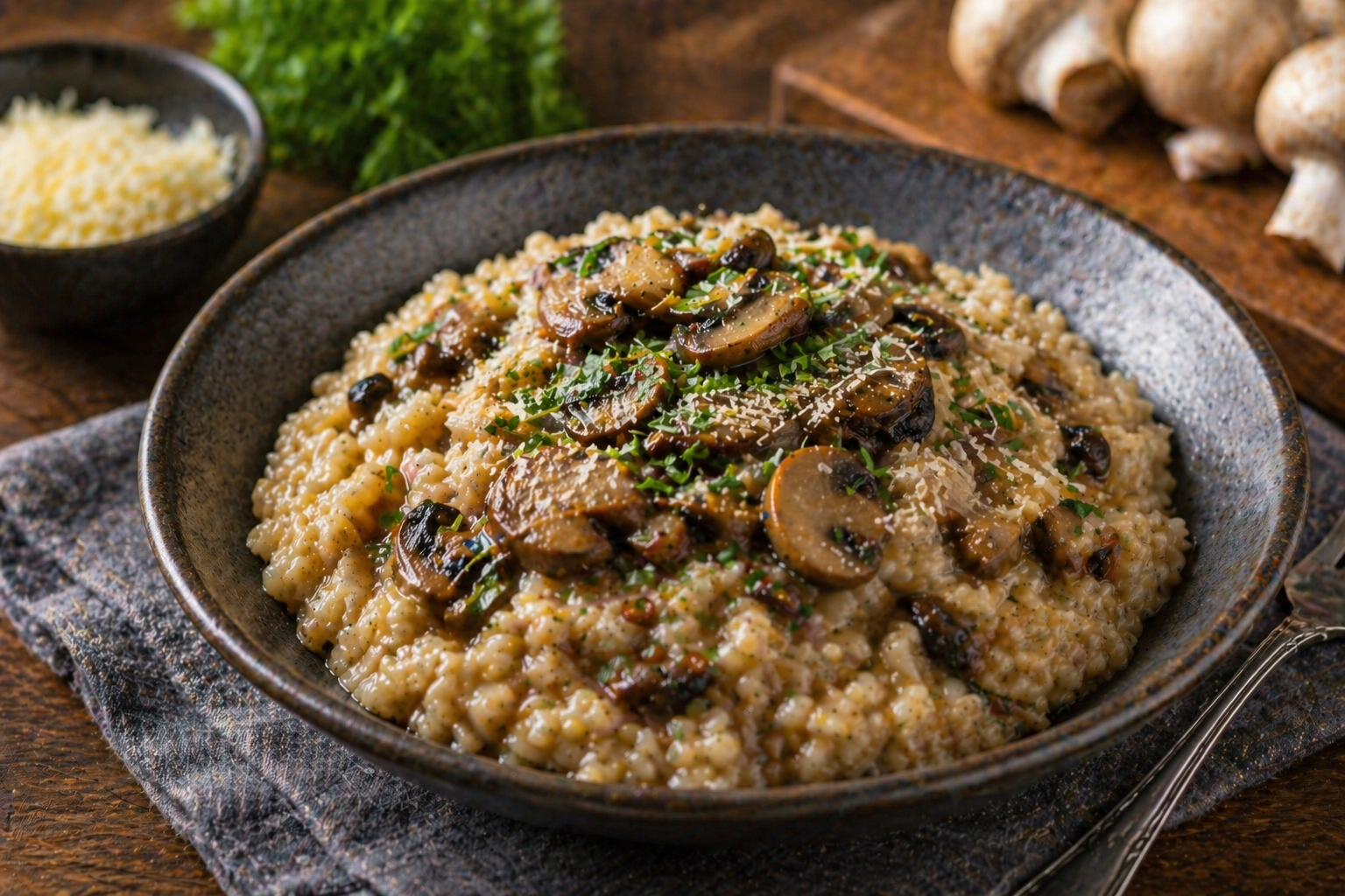 Risoto cremoso de funghi com cogumelos salteados e parmesão ralado por cima.