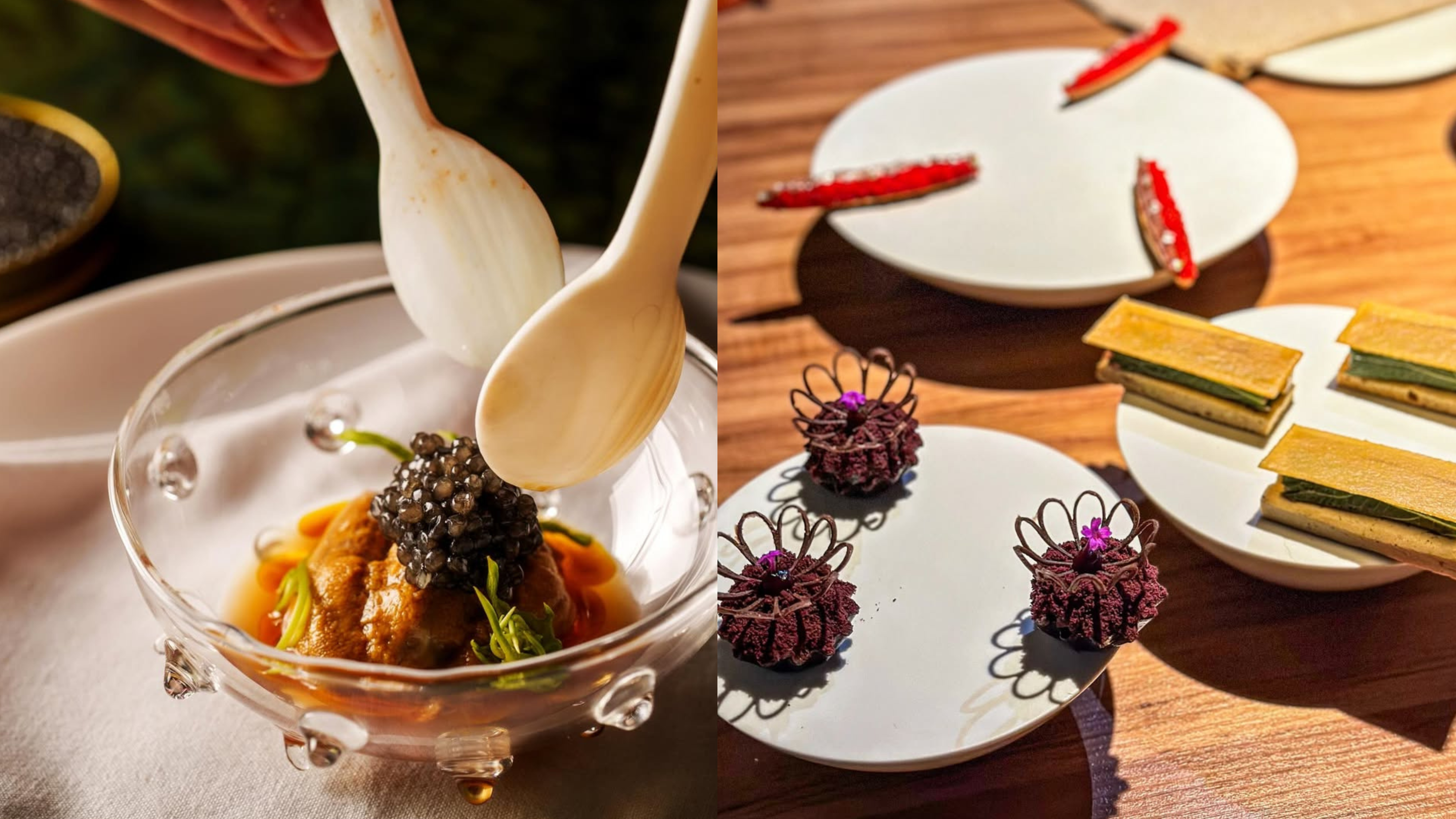 Imagem com montagem de dois pratos do menu degustação do Tuju e do Evvai, únicos restaurantes da América Latina com 3 estrelas Michelin