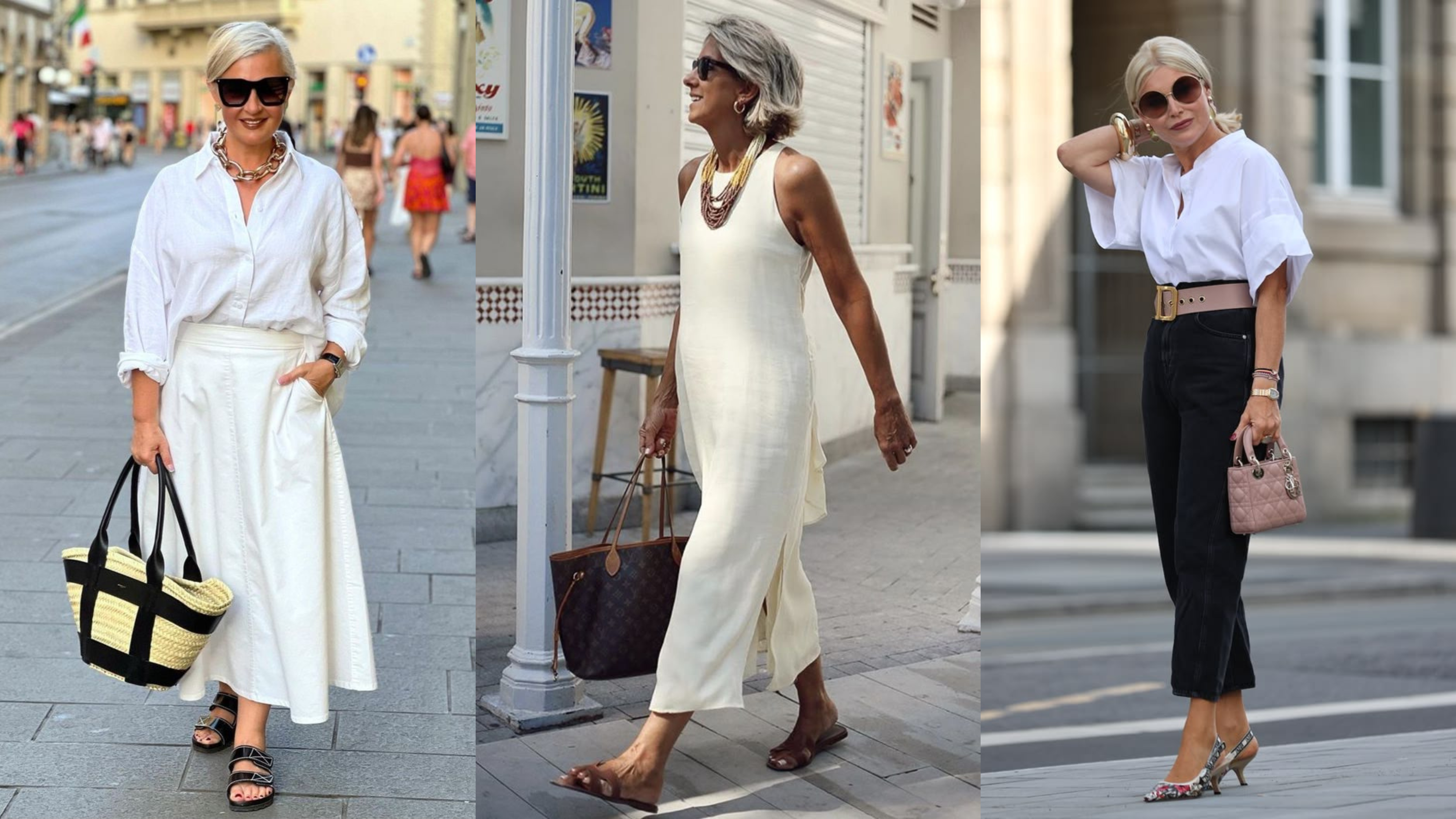 Mulheres maduras com looks elegantes usando diferentes modelos de sandálias, mostrando estilo e conforto no dia a dia