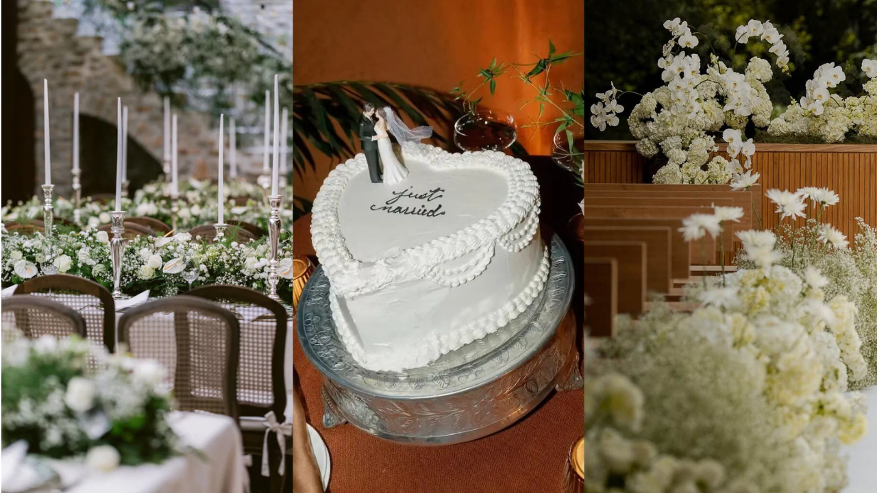 Três fotos de decoração de casamentos com flores brancas, velas e bolo minimalista branco