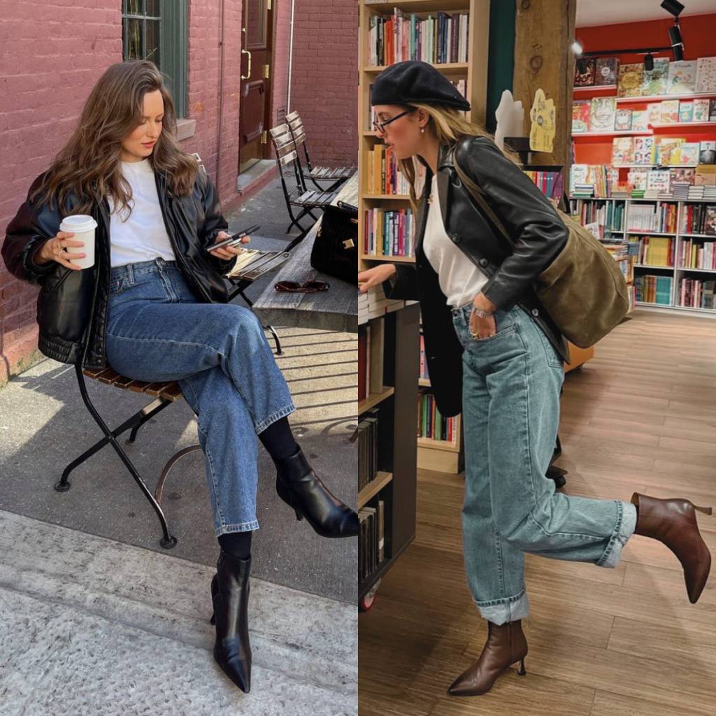 Duas mulheres com jaquetas de couro e jeans. &Agrave; esquerda, uma mulher sentada em caf&eacute; ao ar livre, segurando copo e celular. &Agrave; direita, outra mulher em livraria, usando boina e &oacute;culos, olhando livros em prateleira