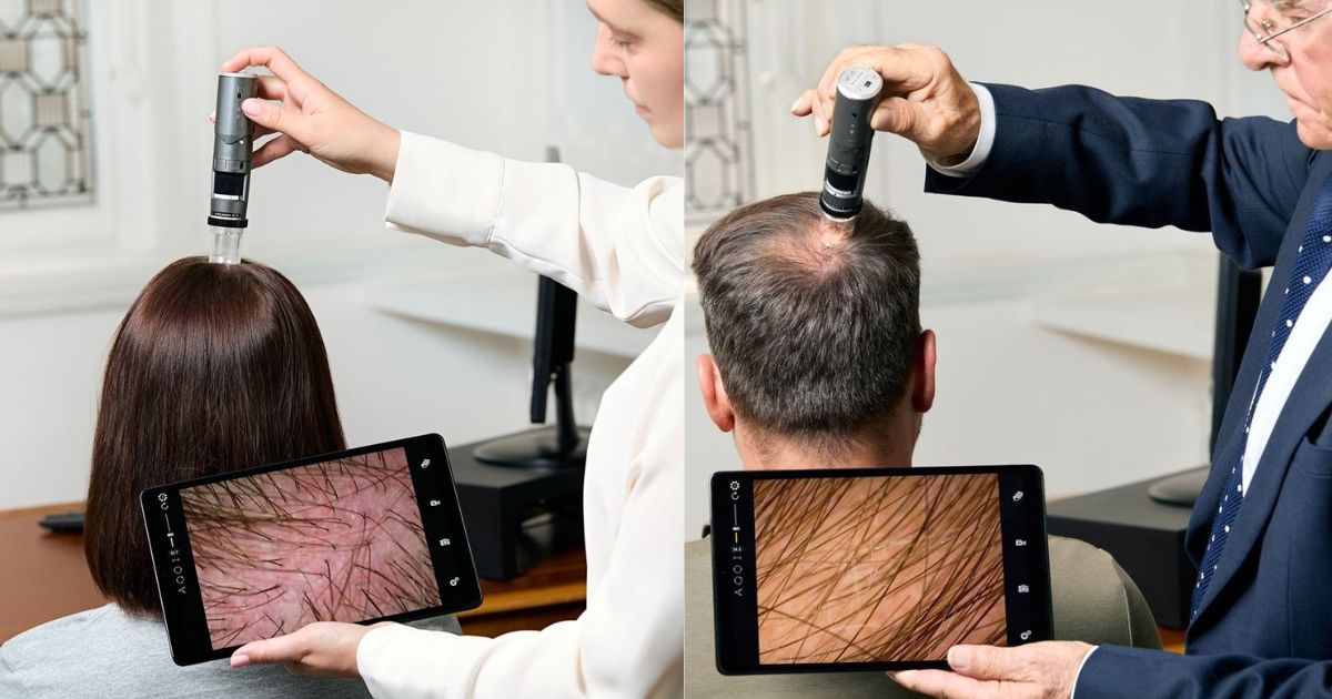 Duas cenas lado a lado: &agrave; esquerda, uma mulher com cabelo castanho tem o couro cabeludo examinado por um aparelho e a imagem ampliada exibida em um tablet. &Agrave; direita, um homem com calv&iacute;cie tem o couro cabeludo examinado por um aparelho e a imagem ampliada exibida em um tablet