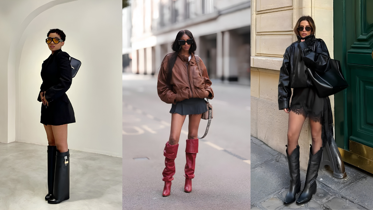 Colagem reúne diferentes modelos de botas femininas tendência para o inverno 2026, incluindo estilos capa, western e slouchy. Os looks apostam em couro, canos longos e produções fashionistas inspiradas no street style internacional