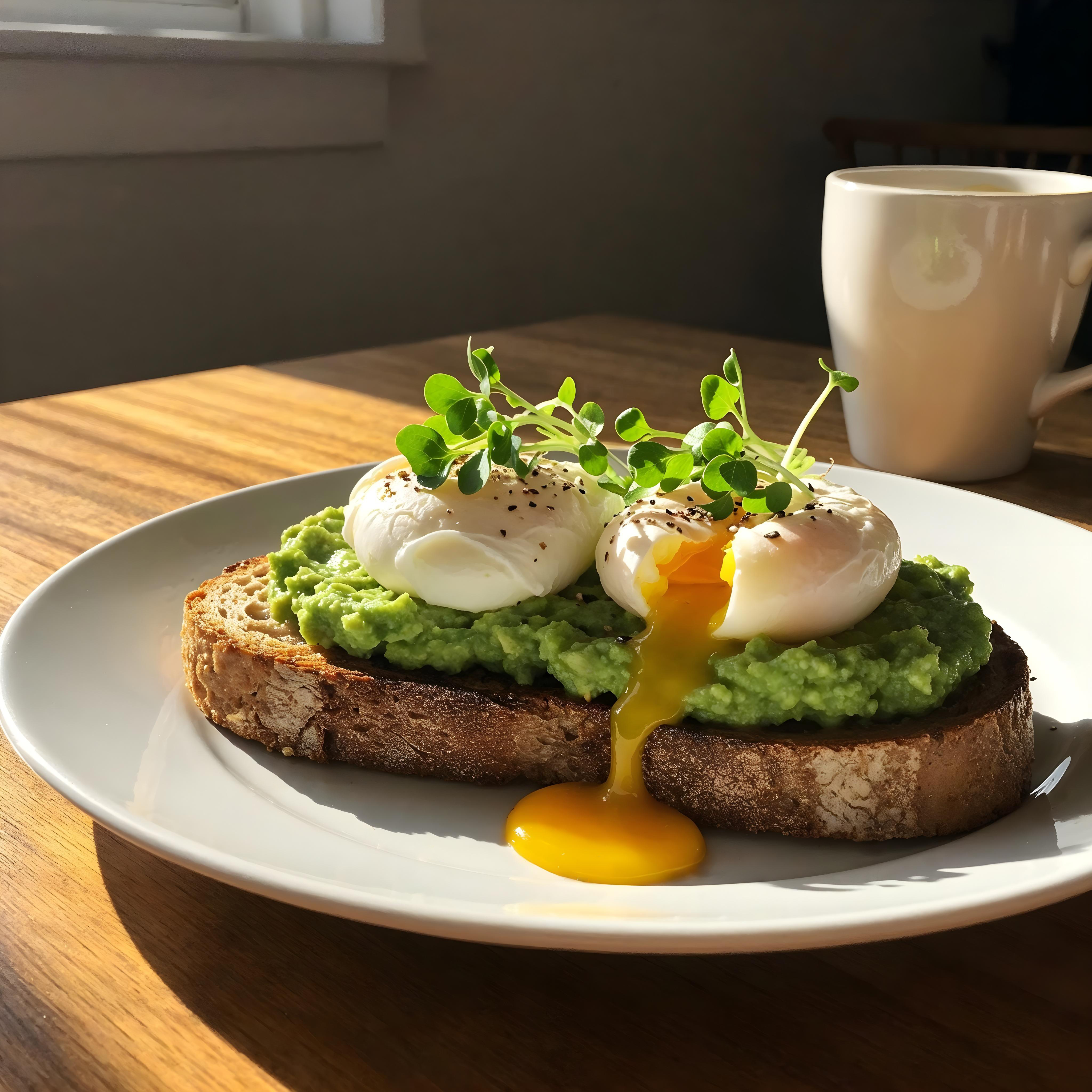 Avocado toast com ovo poch&ecirc; e gema cremosa, caf&eacute; da manh&atilde; saud&aacute;vel e nutritivo com p&atilde;o r&uacute;stico