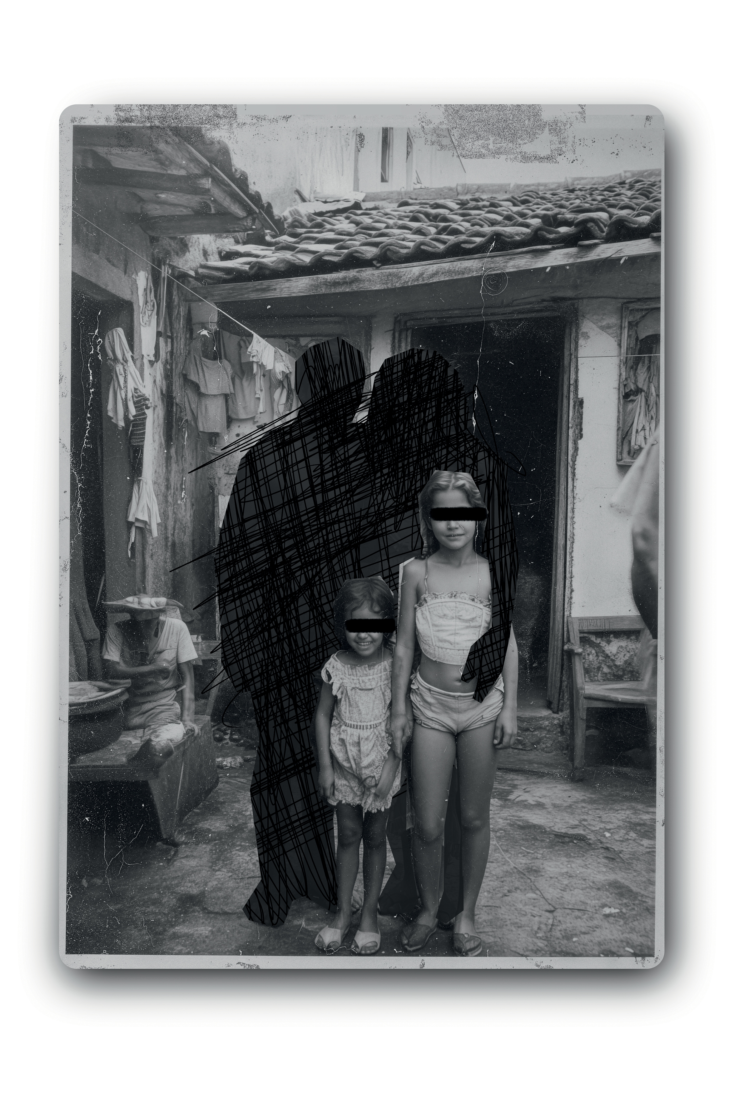 Imagem mostra m&atilde;e e pai riscados e crian&ccedil;as com os olhos riscados