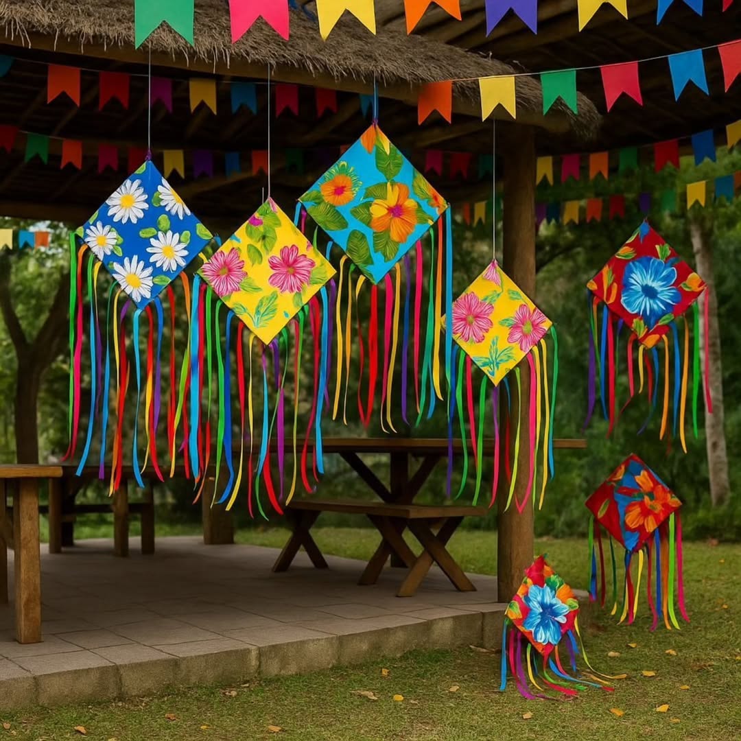 Decora&ccedil;&atilde;o de festa junina com bal&otilde;es coloridos de papel, estampados com flores e fitas vibrantes, pendurados sob um telhado de palha e bandeirinhas, sobre um gramado com mesas de madeira