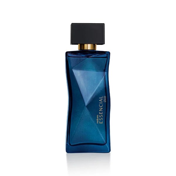 Foto do perfume Essencial Oud Feminino. A embalagem &eacute; retangular e azul