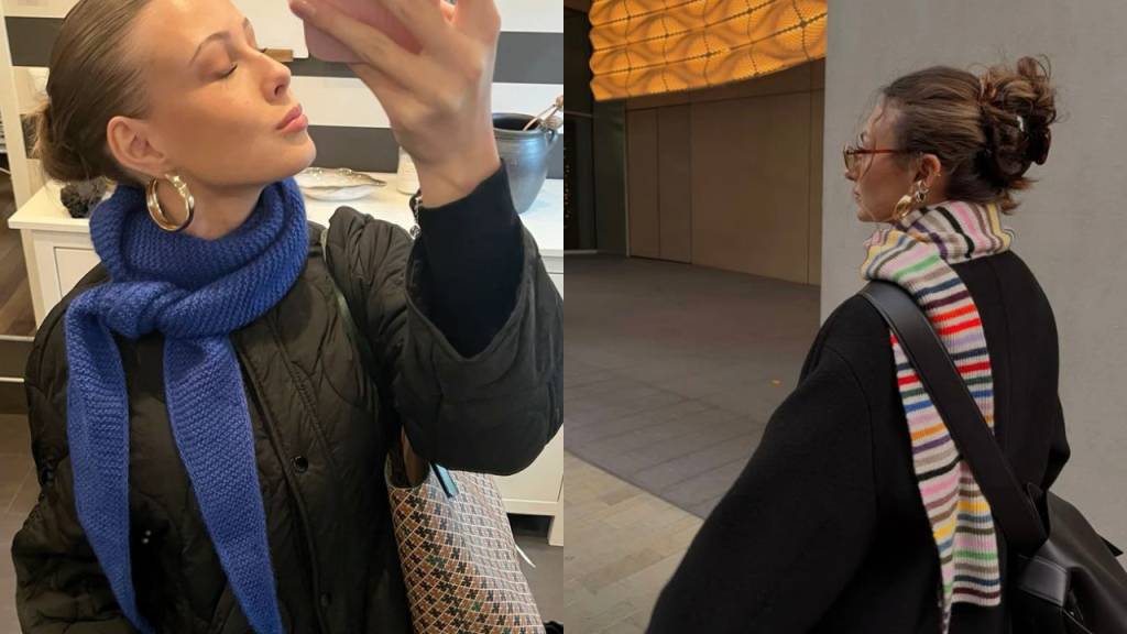 Duas fotos lado a lado de uma mulher com cabelo preso e brincos de argola. &Agrave; esquerda, ela usa um cachecol azul e casaco preto, com os olhos fechados. &Agrave; direita, ela usa &oacute;culos, um cachecol listrado colorido e uma bolsa preta, olhando para o lado