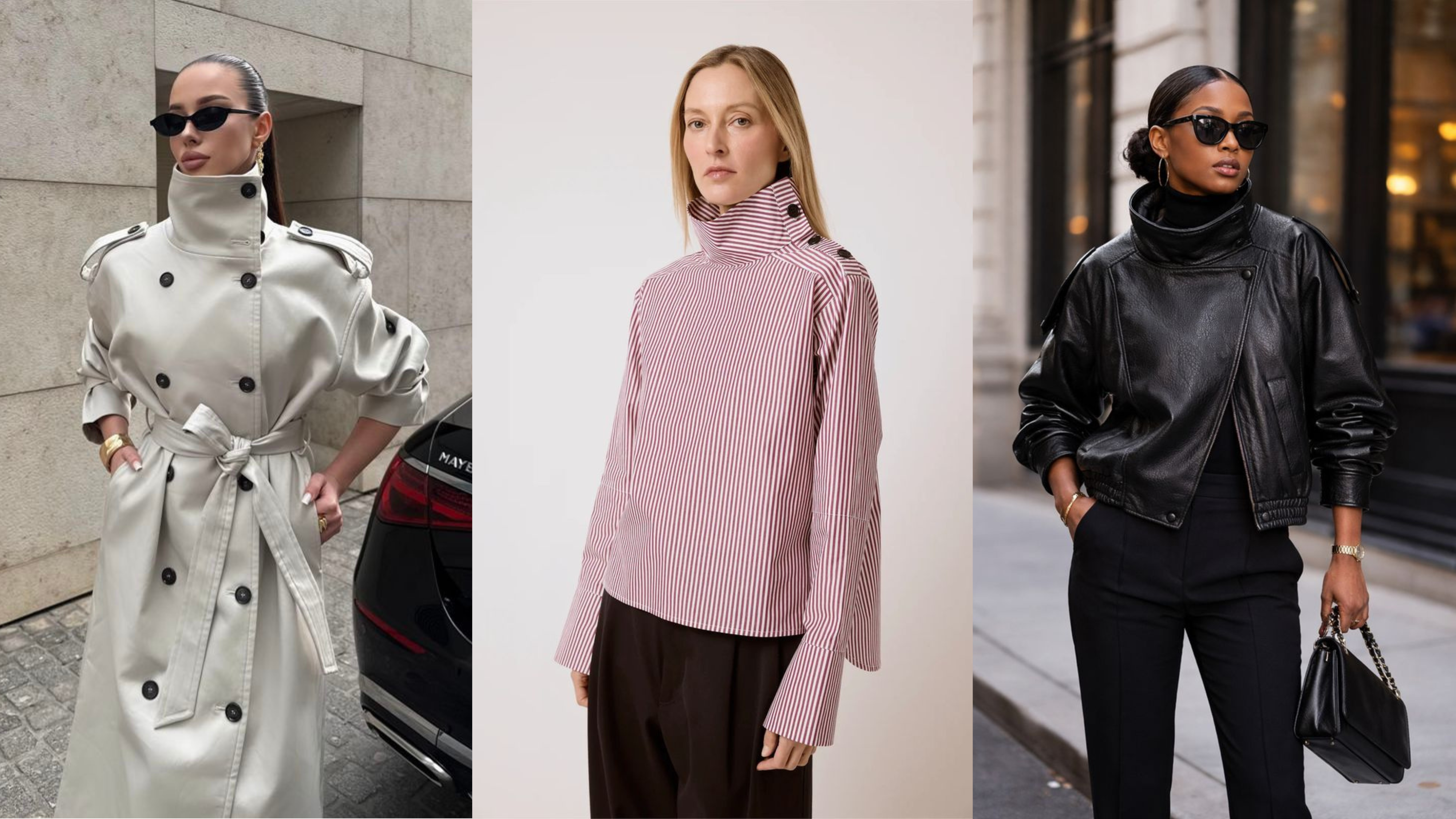 A composição reúne três propostas da tendência: trench coat, camisa listrada e jaqueta de couro. Cada look explora a gola funil de maneira diferente, mostrando a versatilidade do detalhe em produções elegantes e contemporâneas