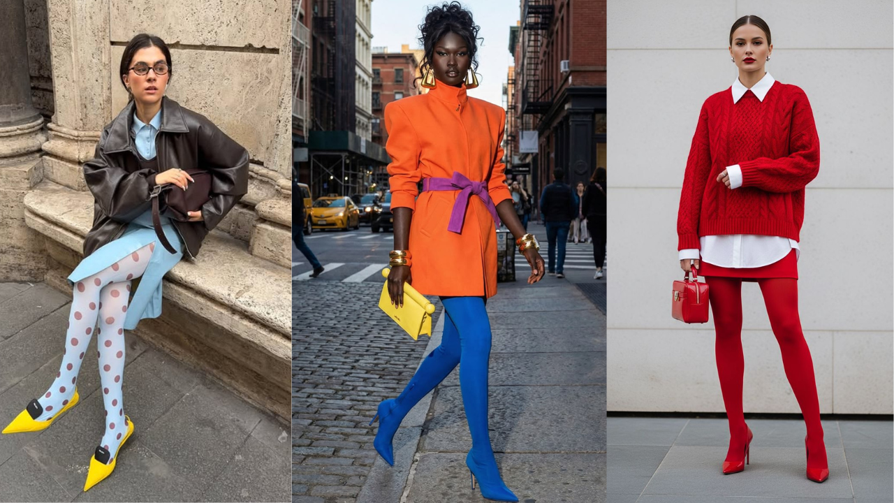 6 inspirações com meias-calças coloridas para transformar os looks de inverno