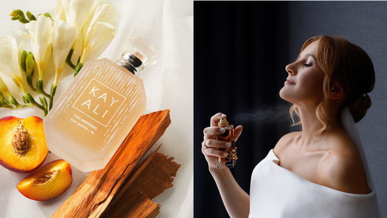 Frasco de perfume Kayali com pêssegos, madeira e flores brancas, ao lado de uma mulher aplicando perfume no pescoço