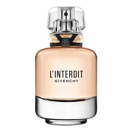 Frasco de perfume L'Interdit Givenchy, com l&iacute;quido cor de p&ecirc;ssego, base prateada e tampa transparente. Um la&ccedil;o preto com o logo Givenchy envolve o gargalo
