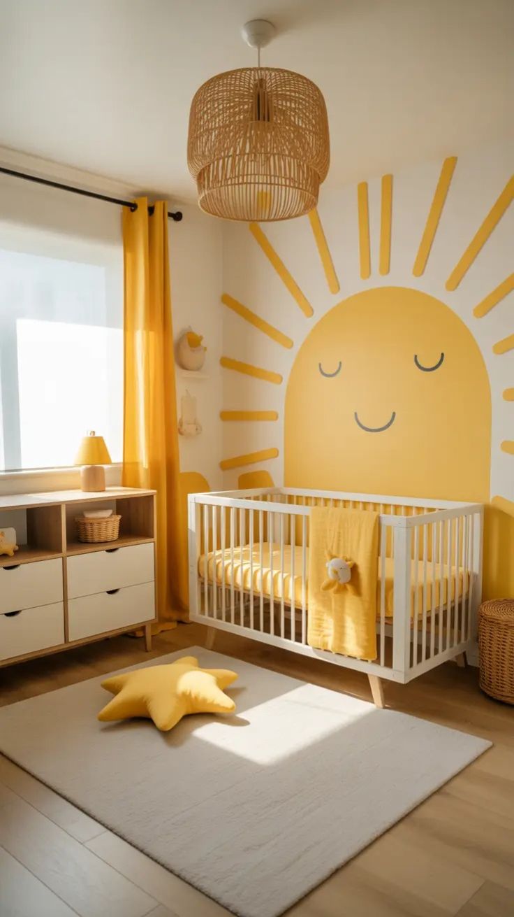 Mural de sol sorridente pintado na parede d&aacute; personalidade e alegria ao quarto