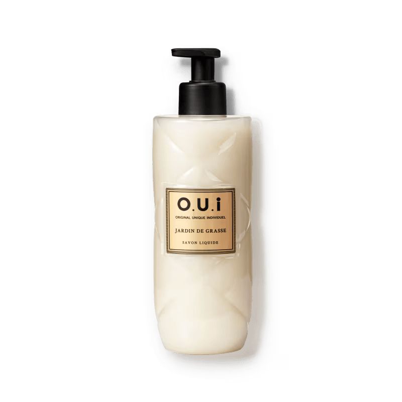 Sabonete l&iacute;quido branco da linha Jardin de Grasse com embalagem inspirada na perfumaria francesa