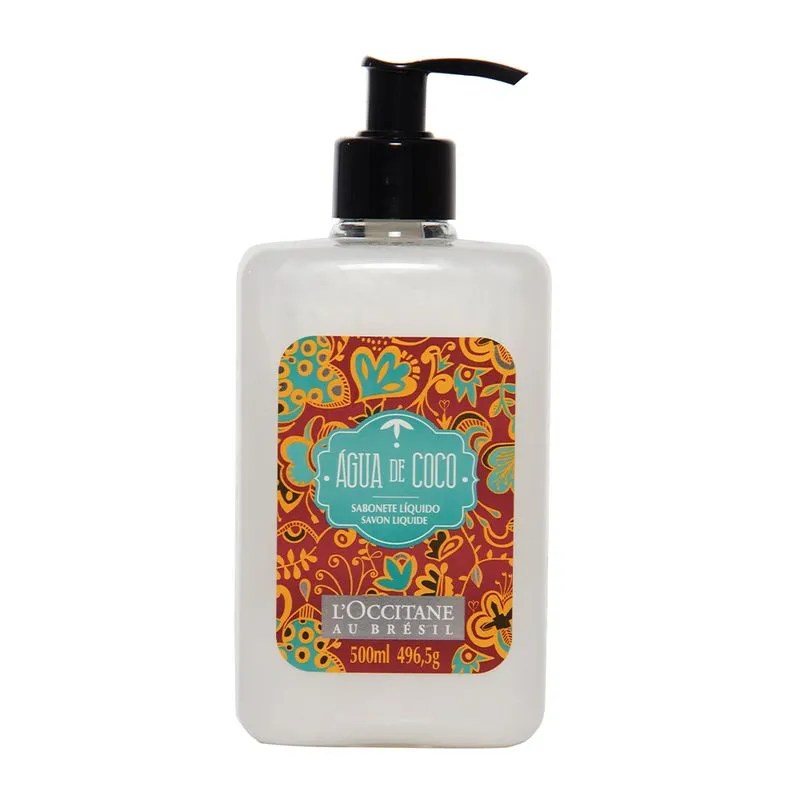 Sabonete l&iacute;quido &Aacute;gua de Coco da L&rsquo;Occitane au Br&eacute;sil com embalagem tropical e colorida