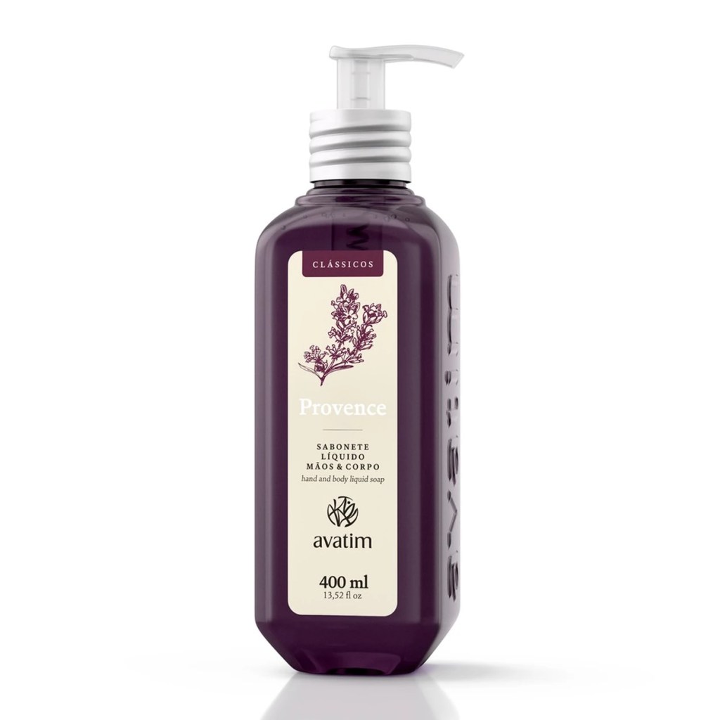 Sabonete l&iacute;quido Provence da Avatim em embalagem roxa com fragr&acirc;ncia inspirada em lavandas francesas