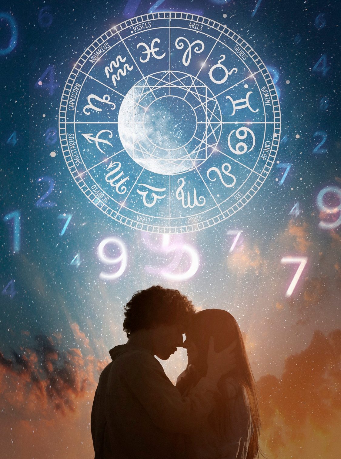 Casal se beijando sob roda do zod&iacute;aco e c&eacute;u estrelado, simbolizando compatibilidade amorosa entre signos