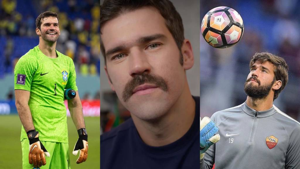 Tr&ecirc;s fotos de Alisson Becker: &agrave; esquerda, ele sorri em uniforme verde da sele&ccedil;&atilde;o brasileira; ao centro, close do rosto com bigode; &agrave; direita, ele olha para uma bola de futebol no ar, com barba e uniforme cinza da Roma