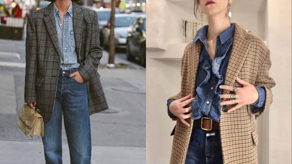 Duas mulheres exibem looks com blazer xadrez e camisa jeans. &Agrave; esquerda, blazer cinza, camisa azul clara, cal&ccedil;a jeans e bolsa bege. &Agrave; direita, blazer marrom, camisa jeans com babados, cal&ccedil;a jeans escura, cinto marrom e an&eacute;is