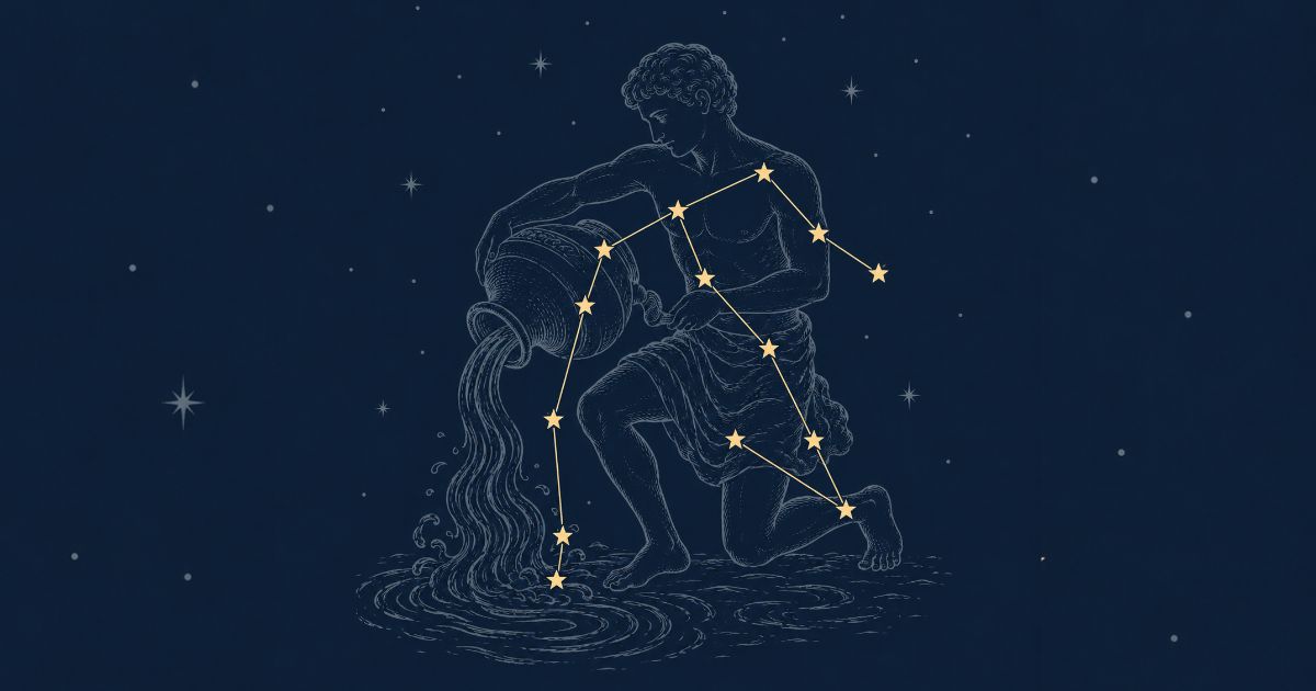 Ilustra&ccedil;&atilde;o do signo de Aqu&aacute;rio, com um homem musculoso de perfil, ajoelhado, derramando &aacute;gua de um jarro. Estrelas amarelas formam a constela&ccedil;&atilde;o sobre o corpo do homem, em um fundo azul escuro com pequenas estrelas brancas