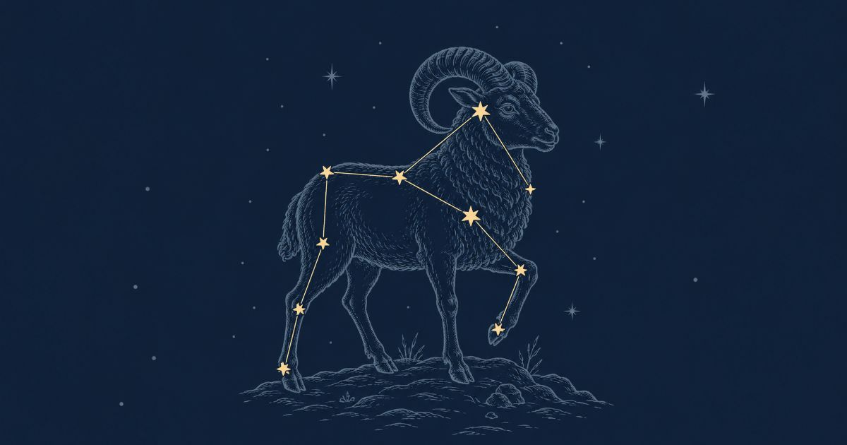 Ilustra&ccedil;&atilde;o do signo de &Aacute;ries, um carneiro com chifres grandes e curvos, em tons de azul escuro e cinza, sobre um fundo noturno com estrelas amarelas formando a constela&ccedil;&atilde;o