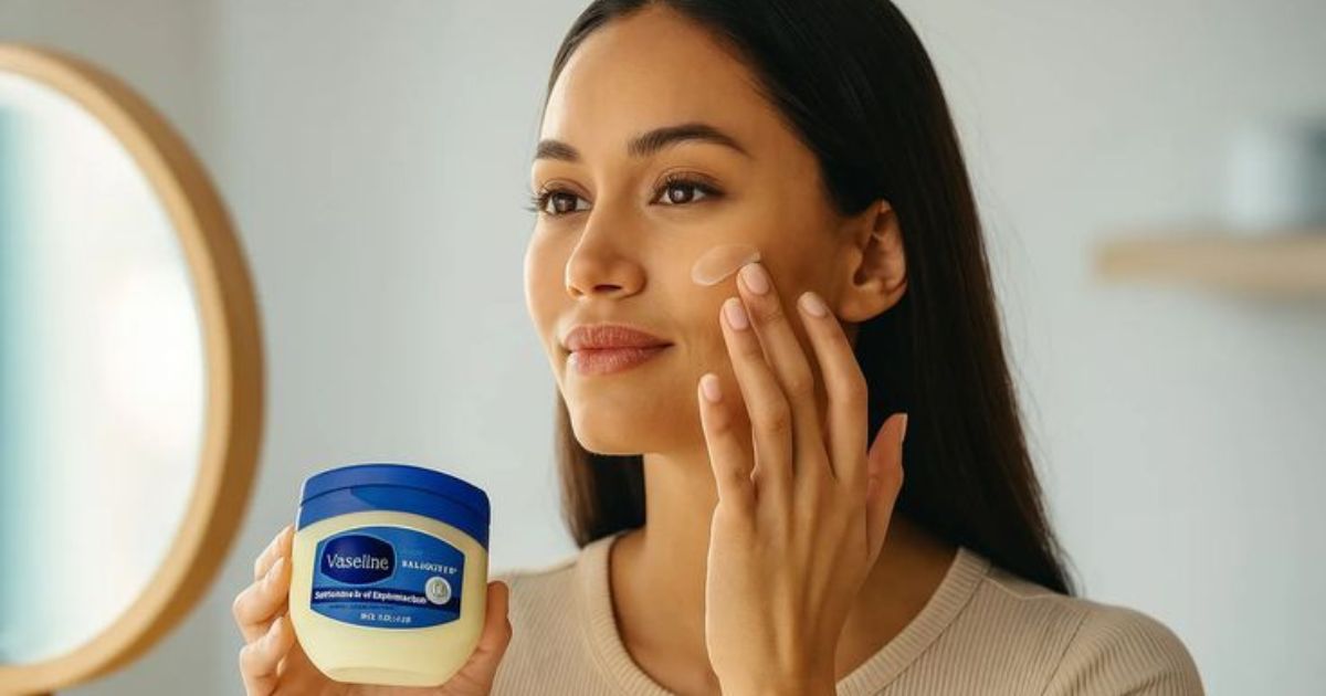 Mulher jovem com cabelo escuro aplicando creme Vaseline no rosto, sorrindo levemente. Ela segura o pote azul e branco na m&atilde;o esquerda, enquanto a direita espalha o produto na bochecha. Um espelho redondo com moldura de madeira reflete uma luz azulada ao fundo