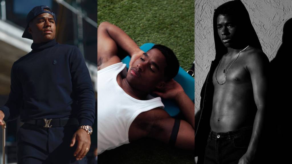 Tr&ecirc;s fotos de um homem negro jovem. Na primeira, ele usa su&eacute;ter gola alta azul-marinho, bon&eacute; virado para tr&aacute;s e cinto Louis Vuitton, olhando para cima. Na segunda, deitado em um colchonete azul sobre grama, veste regata branca e tem os bra&ccedil;os atr&aacute;s da cabe&ccedil;a. Na terceira, em preto e branco, est&aacute; sem camisa, com colar e jaqueta escura aberta, olhando para a frente