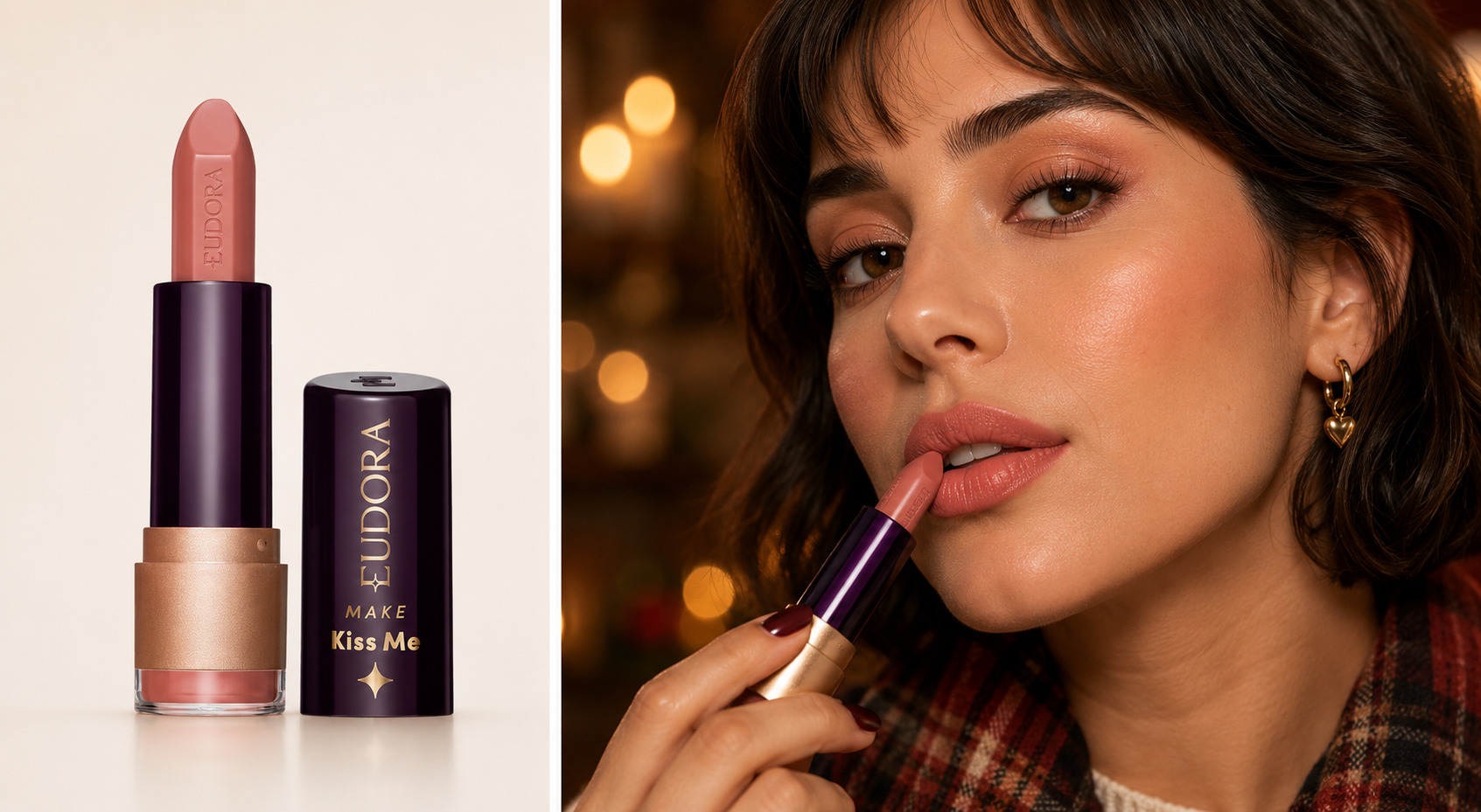 Dois batons Eudora Make Kiss Me em tons de rosa e uma mulher aplicando um deles. &Agrave; esquerda, os batons est&atilde;o abertos e fechados, com embalagem roxa e dourada. &Agrave; direita, a mulher de pele clara, cabelo escuro e ondulado, usa blusa xadrez e brinco de cora&ccedil;&atilde;o dourado, com luzes desfocadas ao fundo