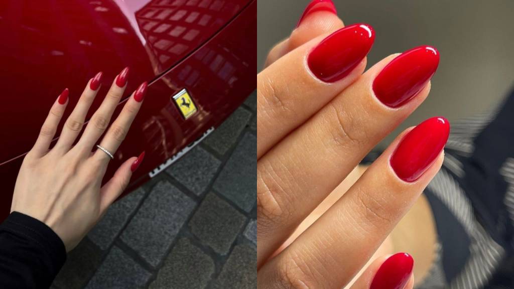 Duas imagens lado a lado de m&atilde;os com unhas vermelhas. &Agrave; esquerda, uma m&atilde;o feminina com anel de diamantes sobre a lataria vermelha de um carro Ferrari. &Agrave; direita, um close-up de unhas ovais vermelhas brilhantes