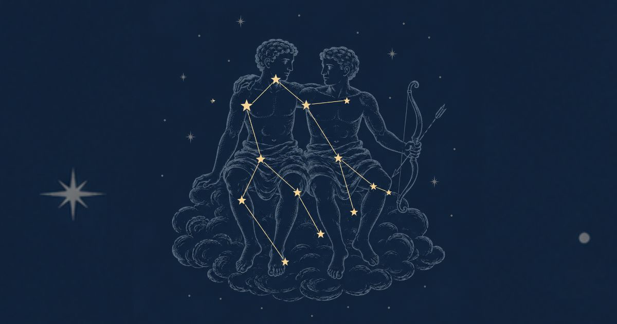 Ilustra&ccedil;&atilde;o do signo de G&ecirc;meos, com dois homens musculosos sentados em nuvens, um deles segurando um arco e flecha. Estrelas amarelas conectadas por linhas formam a constela&ccedil;&atilde;o sobre eles, em um fundo azul escuro com pequenas estrelas e uma estrela maior no canto inferior esquerdo