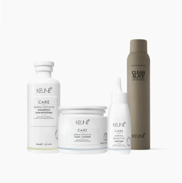 Quatro produtos Keune para cabelo em fundo branco: shampoo branco Derma Activate, m&aacute;scara branca Derma Sensitive, lo&ccedil;&atilde;o branca Derma Sensitive e spray cinza Clean Slate