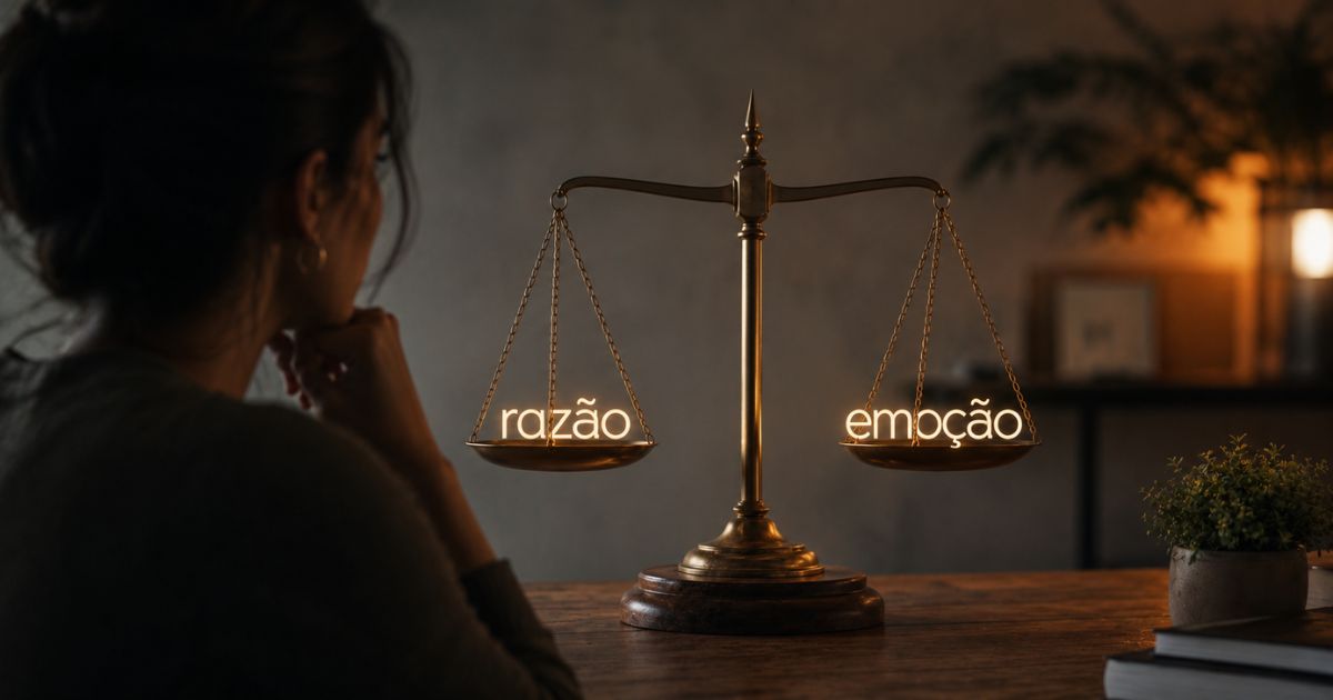 Mulher de perfil, com cabelo preso e brinco dourado, observa uma balan&ccedil;a antiga. Nos pratos, as palavras raz&atilde;o e emo&ccedil;&atilde;o brilham em neon, equilibradas.